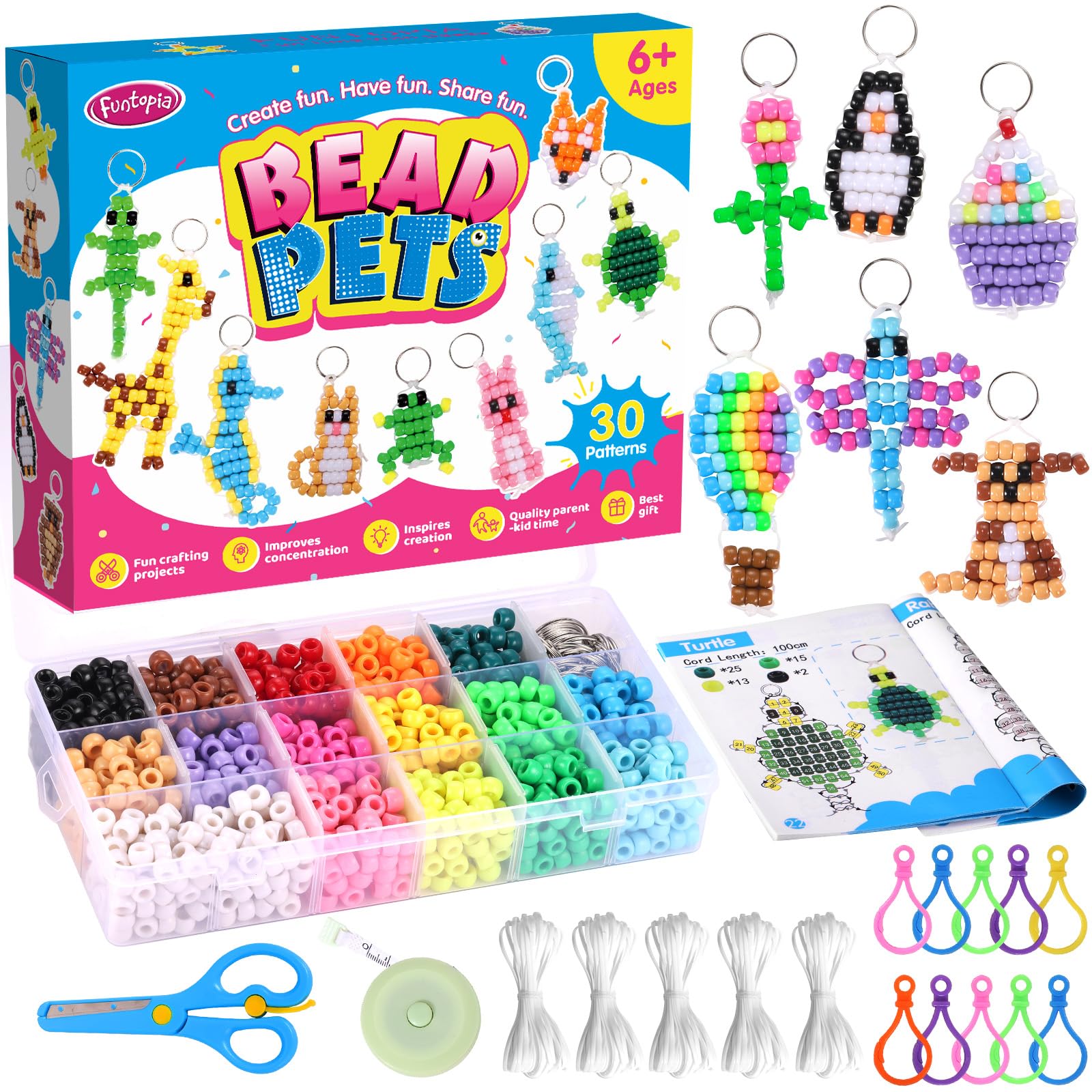 Funtopia Pony Beads, Create Your Own Bead Pets, Colorful Kandi Beads for Bracelets, Big Bead for Hair Braiding, DIY Jewelry and Crafts for Kids, Beginners and Adults (1500 Bead Kit, 30 Designs) - Available at All In One Marketplace Canada