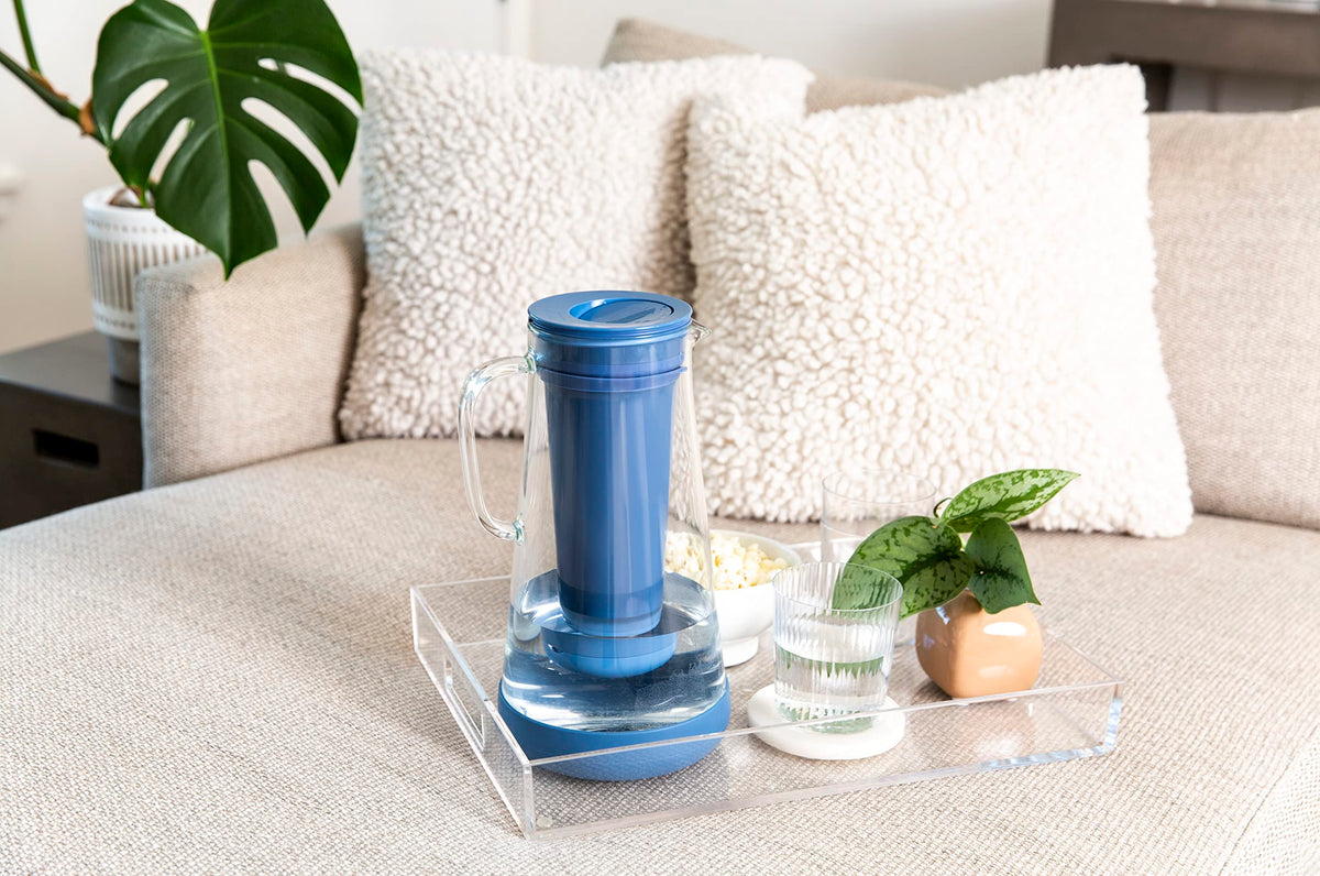 LifeStraw Home – Water Filter Pitcher, 7-Cup, Glass with Silicone Base, Stormy Blue, for Everyday Protection Against Bacteria, parasites, microplastics, Lead, Mercury, PFAS and a Variety of Chemicals