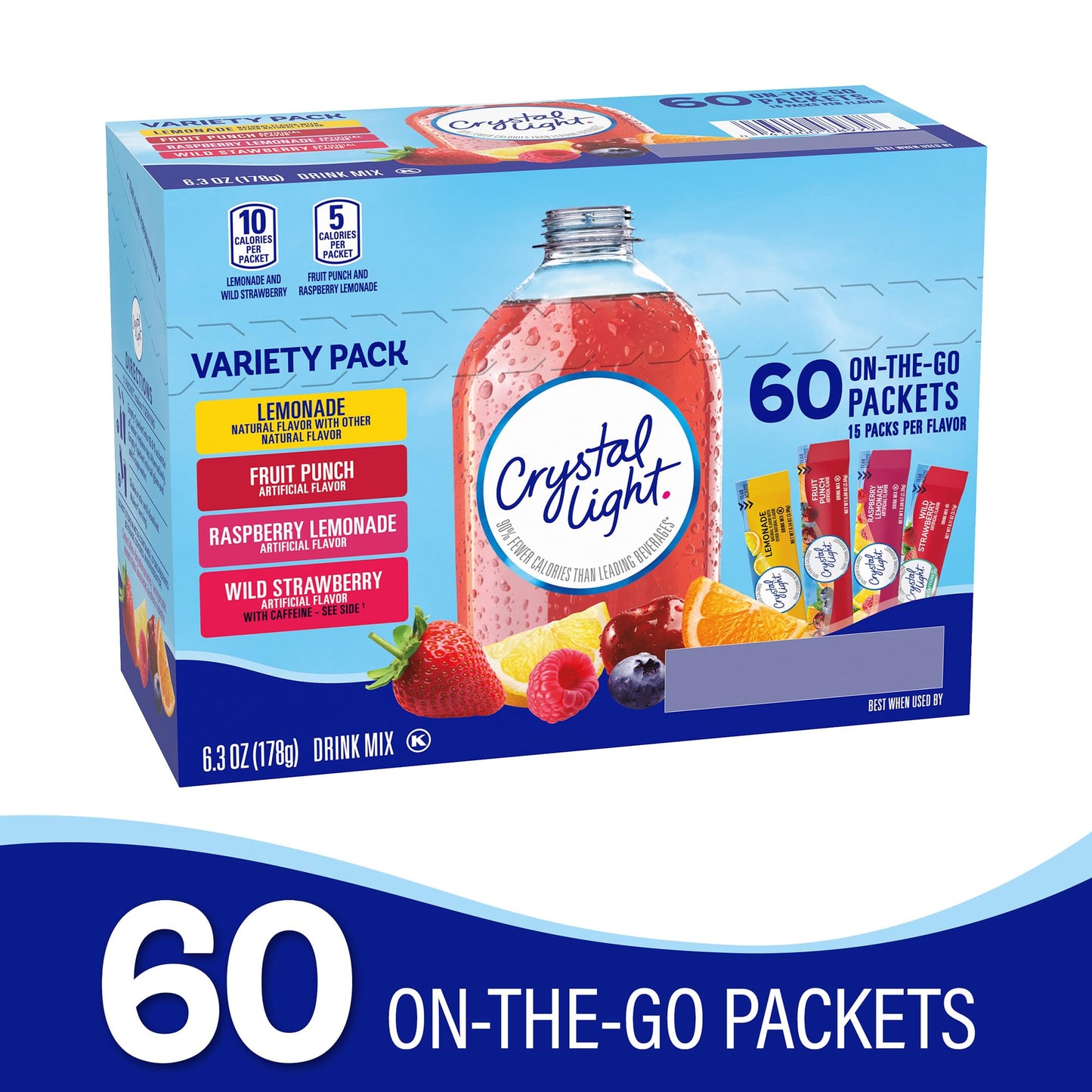 Crystal Light On the Go Variety Pack, 60 Individual Packets (Lemonade, Fruit Punch, Raspberry Lemonade, Wild Strawberry) 178g
