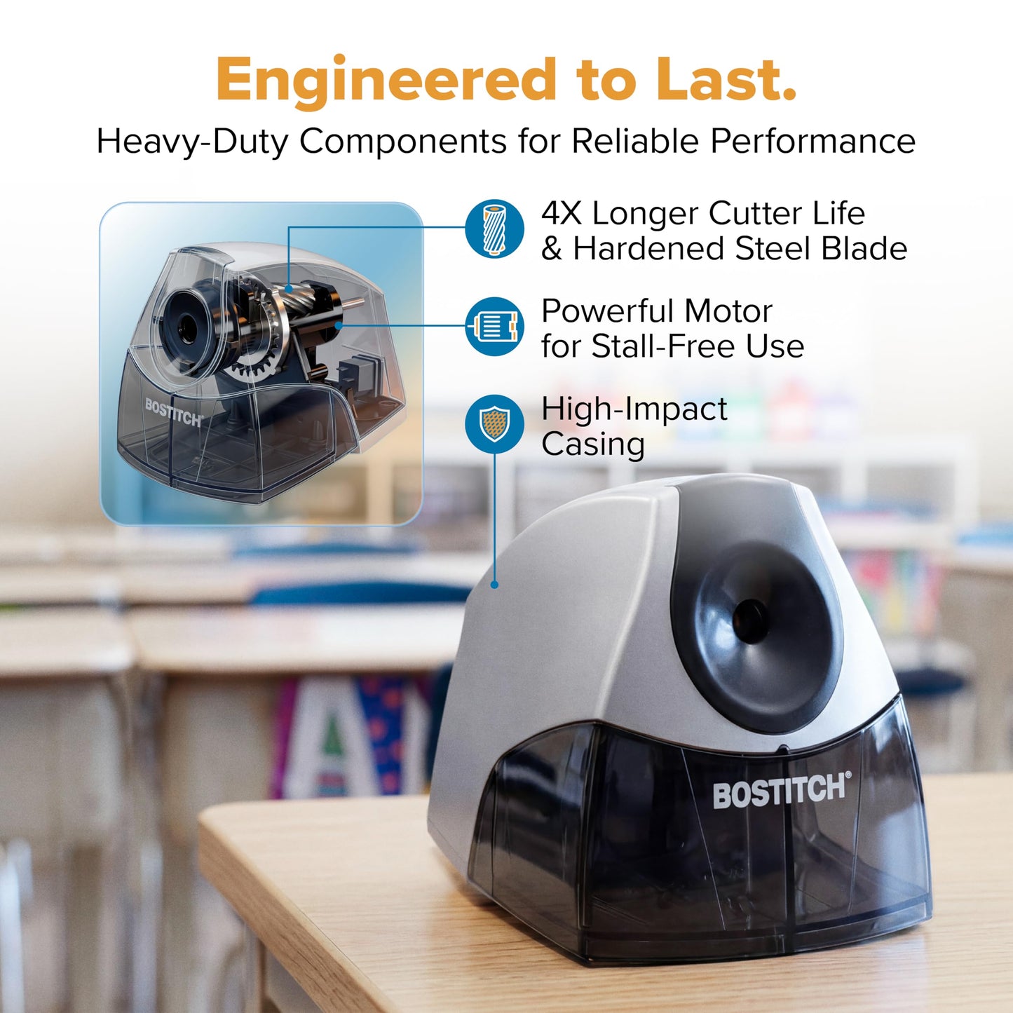 Bostitch Office Personal Electric Pencil Sharpener, Powerful Stall-Free Motor, High Capacity Shavings Tray, Black (EPS4-BLKSLV) - Available at All In One Marketplace Canada