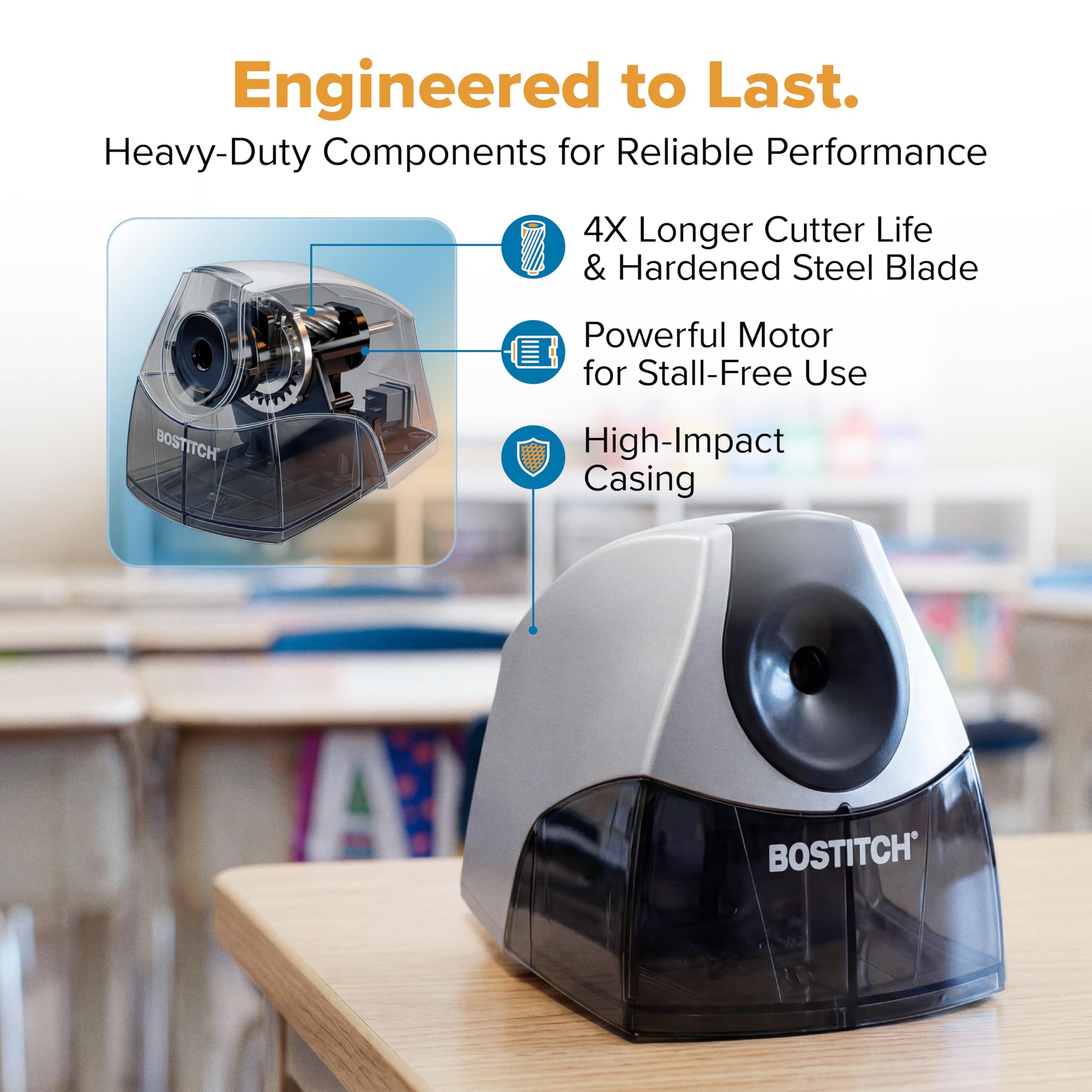 Bostitch Office Personal Electric Pencil Sharpener, Powerful Stall-Free Motor, High Capacity Shavings Tray, Black (EPS4-BLKSLV) - Available at All In One Marketplace Canada