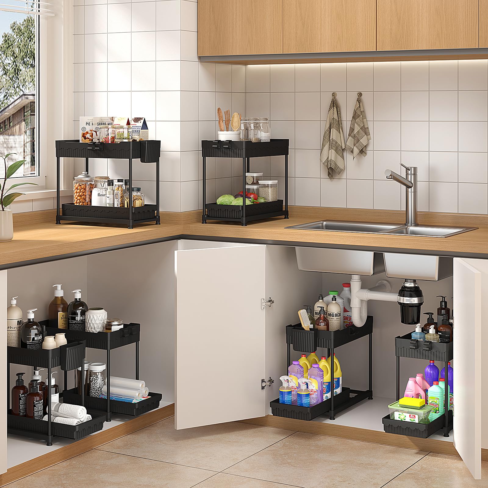 Sevenblue Under Sink Organizer 3 Pack, Bathroom Organizers, 2 Tier Multi-Use kitchen Organizers and Storage with Sliding Drawer, Hang Hooks and Cups, (Black) - Available at All In One Marketplace Canada