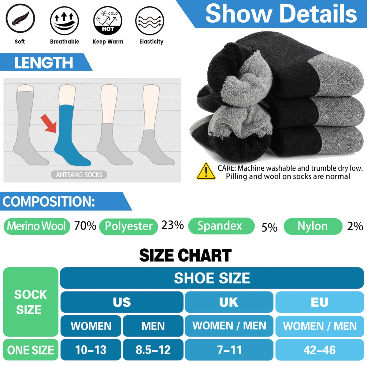 Merino Wool Socks for Men & Women Thermal Warm Winter Hiking Crew Thick Cozy Work Socks Gifts Stocking Stuffes for Mens(Black(4 Pairs)) 🍁 All In One Marketplace Canada