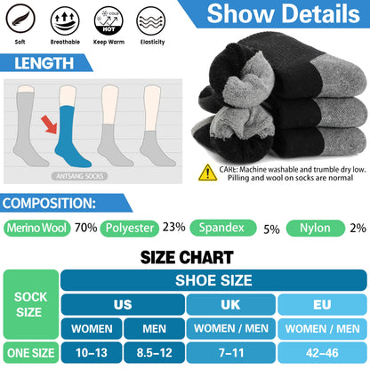 Merino Wool Socks for Men & Women Thermal Warm Winter Hiking Crew Thick Cozy Work Socks Gifts Stocking Stuffes for Mens(Black(4 Pairs)) 🍁 All In One Marketplace Canada
