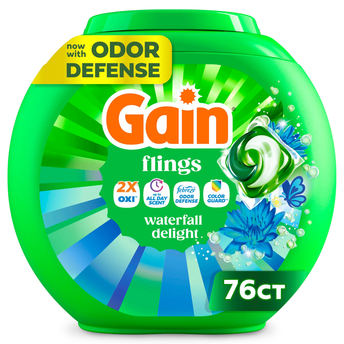 Gain Flings Ultra Oxi Laundry Detergent Pacs, 76 Count, Waterfall Delight Scent, with Odour Defense, concentrated laundry soap pacs