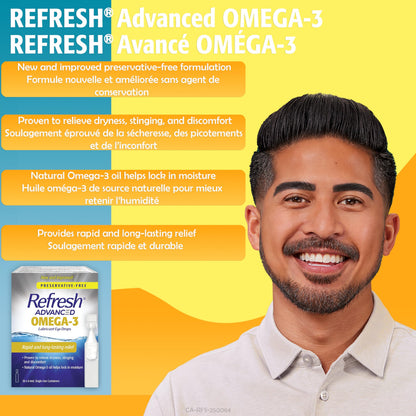 Refresh Advanced Omega-3 Lubricant Eye Drops – Preservative-Free, Natural Omega-3 Oil for Long-Lasting Dry Eye Relief – 30 Single-Use Containers (0.4ml Each) - Total 12 mL - Available at All In One Marketplace Canada