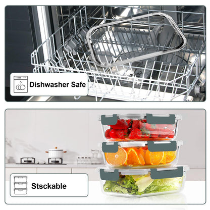 VERONES 10 Pack Glass Meal Prep Containers, Airtight & Stackable Glass Food Storage Containers Set with Lids,Exclusive of BPA,for Microwave, Oven, Freezer & Dishwasher,Grey - Available at All In One Marketplace Canada