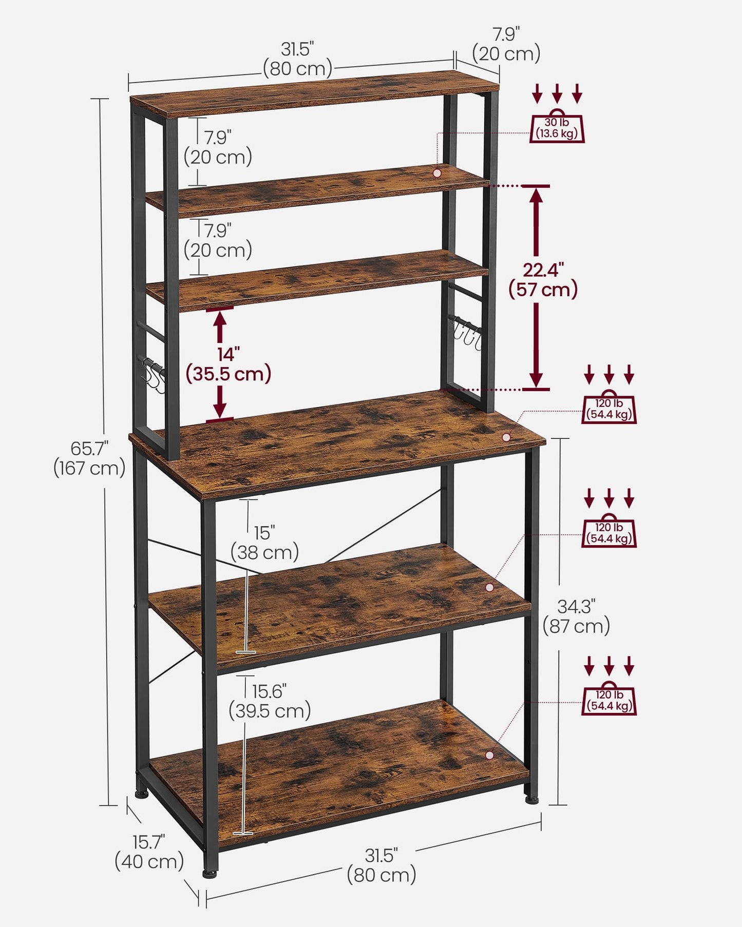 VASAGLE Coffee Bar, Baker’s Rack for Kitchen with Storage, 6-Tier Kitchen Shelves with 6 Hooks, Microwave Stand, Industrial, 15.7 x 31.5 x 65.7 Inches, Rustic Brown and Black UKKS019B01 VASAGLE