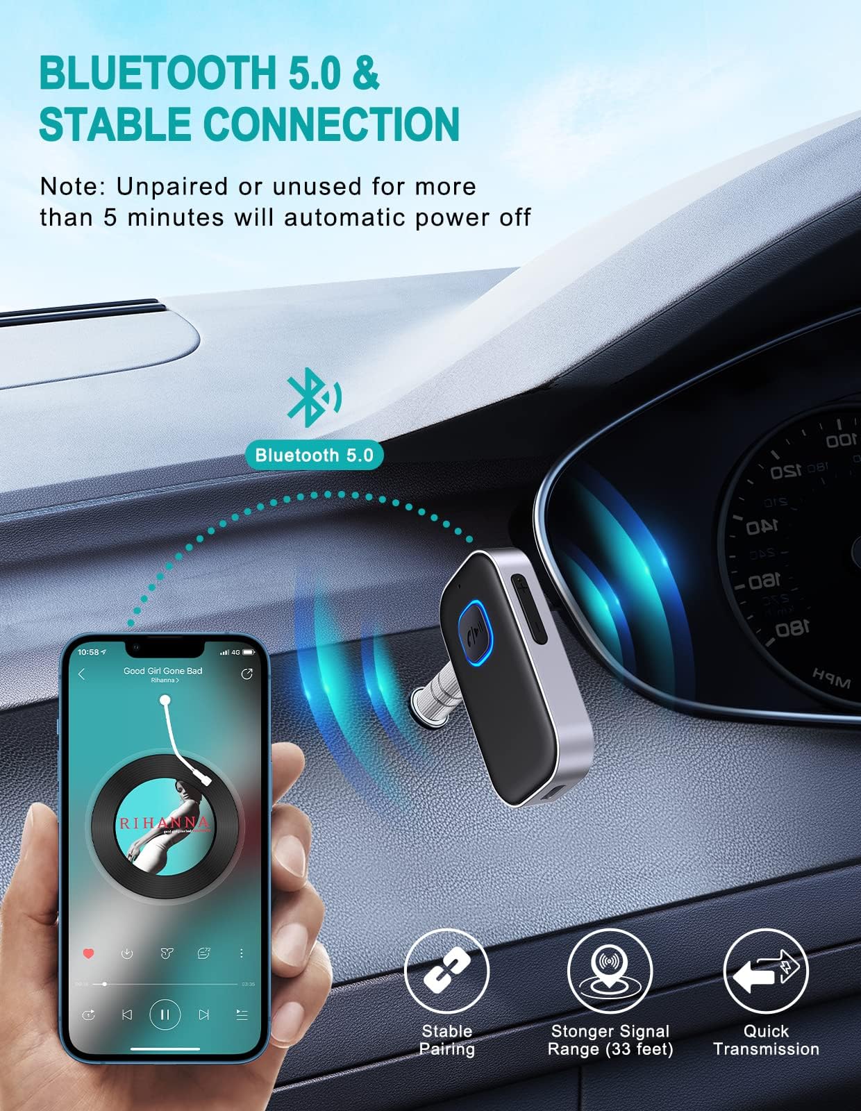 WOCBUY Bluetooth Car Adapter, 3.5mm AUX Bluetooth Receiver for Music Streaming, Wireless Music Audio Adapter with Built-in Mic, Home Stereo, Speakers (Handsfree Car Kits, 16H Playtime, Dual Link) - Available at All In One Marketplace Canada