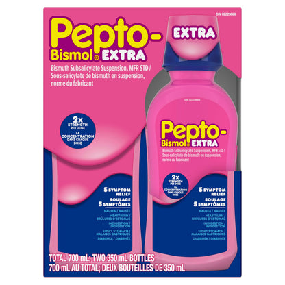 Pepto Bismol Extra Strength Liquid, Upset Stomach Relief, Diarrhea Relief, Heartburn, Nausea, Indigestion, Upset Stomach, Original Flavour, Pack of 2, 350mL each - Available at All In One Marketplace Canada