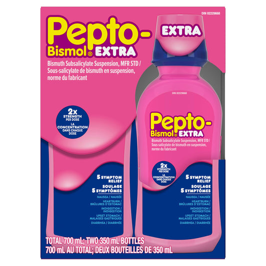 Pepto Bismol Extra Strength Liquid, Upset Stomach Relief, Diarrhea Relief, Heartburn, Nausea, Indigestion, Upset Stomach, Original Flavour, Pack of 2, 350mL each - Available at All In One Marketplace Canada