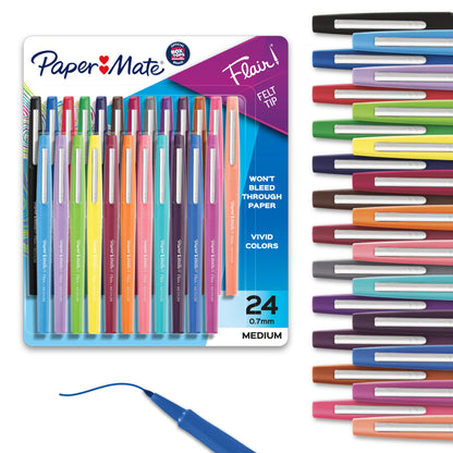 Paper Mate Flair Felt Tip Pens, Medium Point (0.7 mm), Assorted Colours, 24 Count - Available at All In One Marketplace Canada