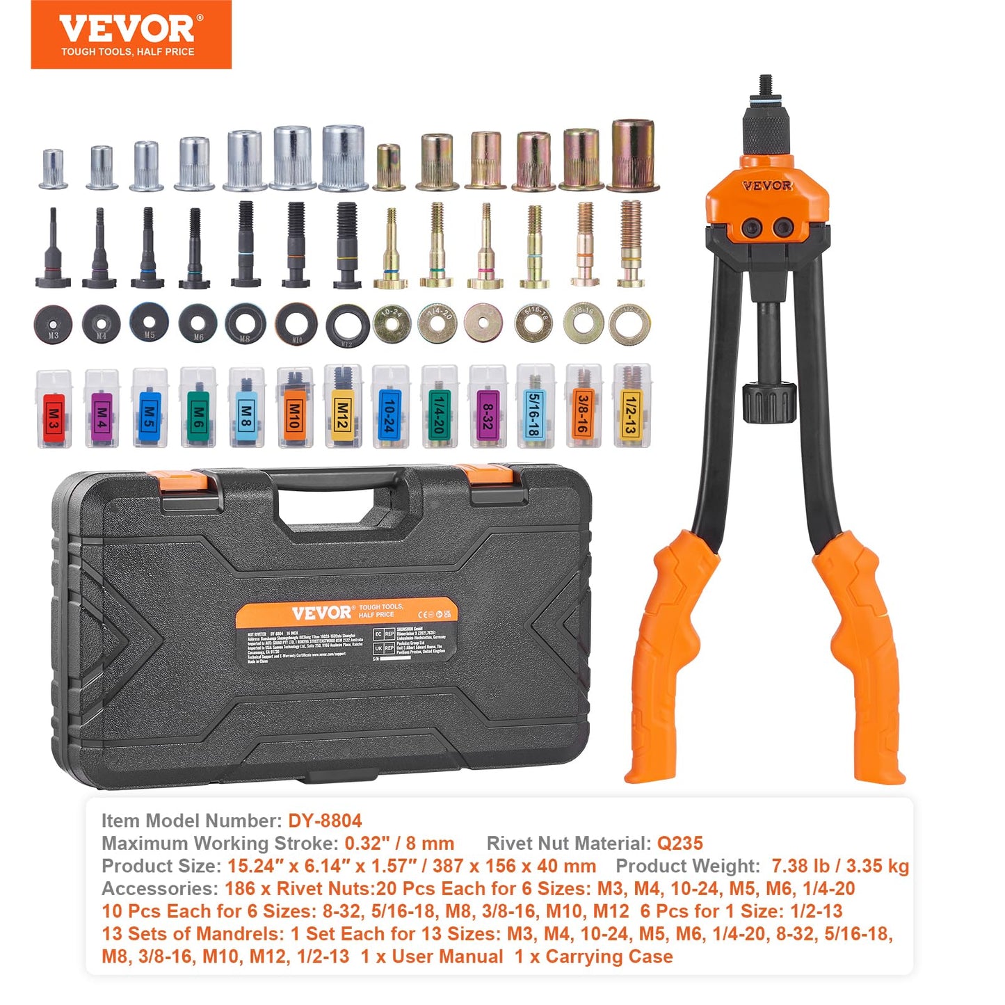 VEVOR 16" Rivet Nut Tool, Labor-Saving Rivnut Tool Kit with 13PCS Metric & SAE Mandrels, 186PCS Rivet Nuts,M3, M4, M5, M6, M8, M10, M12, 1/4-20, 5/16-18, 3/8-16,1/2-13, 8-32, 10-24 with Carrying Case VEVOR