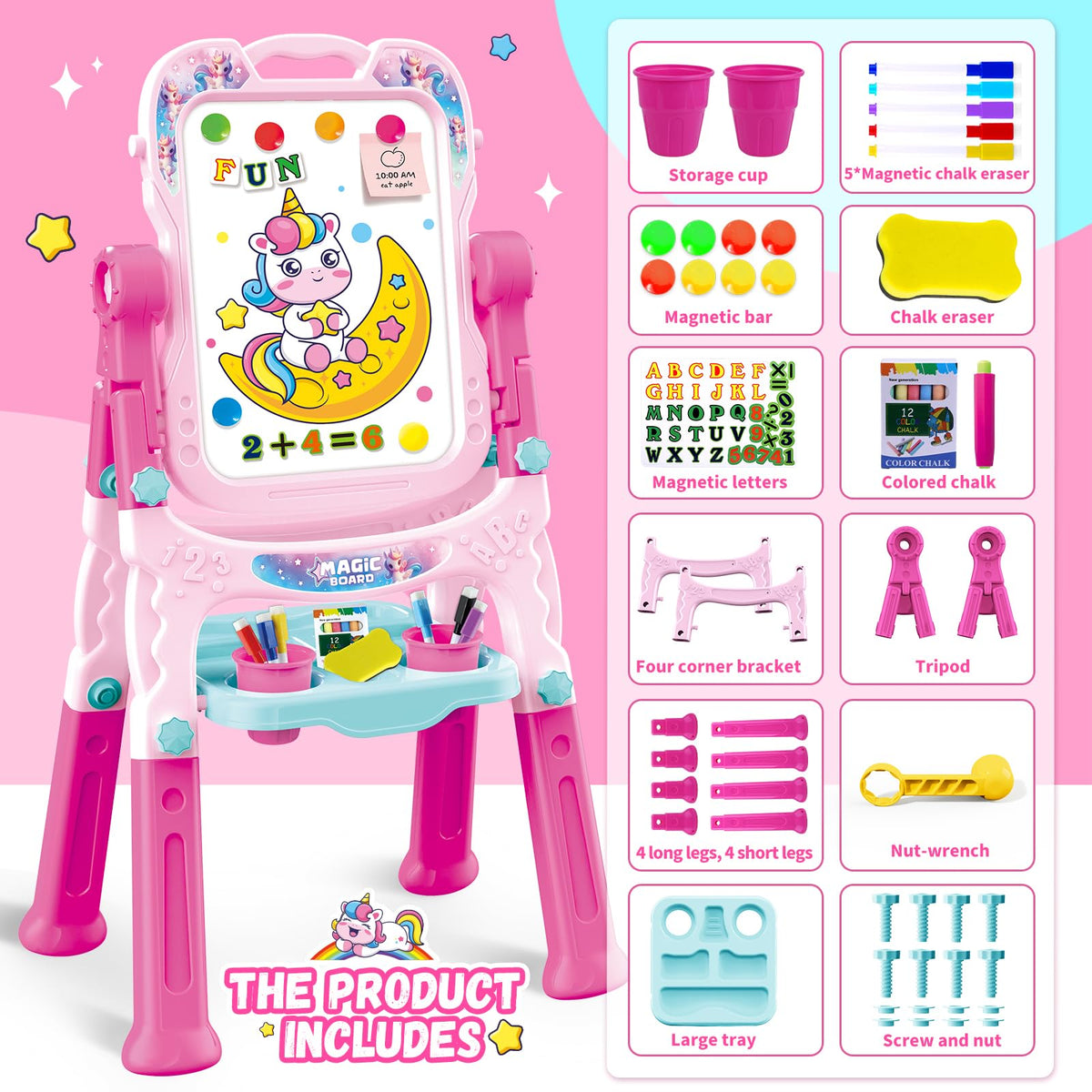 Art Easel for Kids - Adjustable Double-Sided Rotatable Magnetic White Board with Painting Accessories, Preschool Learning Toy for Girls 3-5 Years Old,Ideal Christmas Birthday Gift (Pink) 🍁 All In One Marketplace Canada