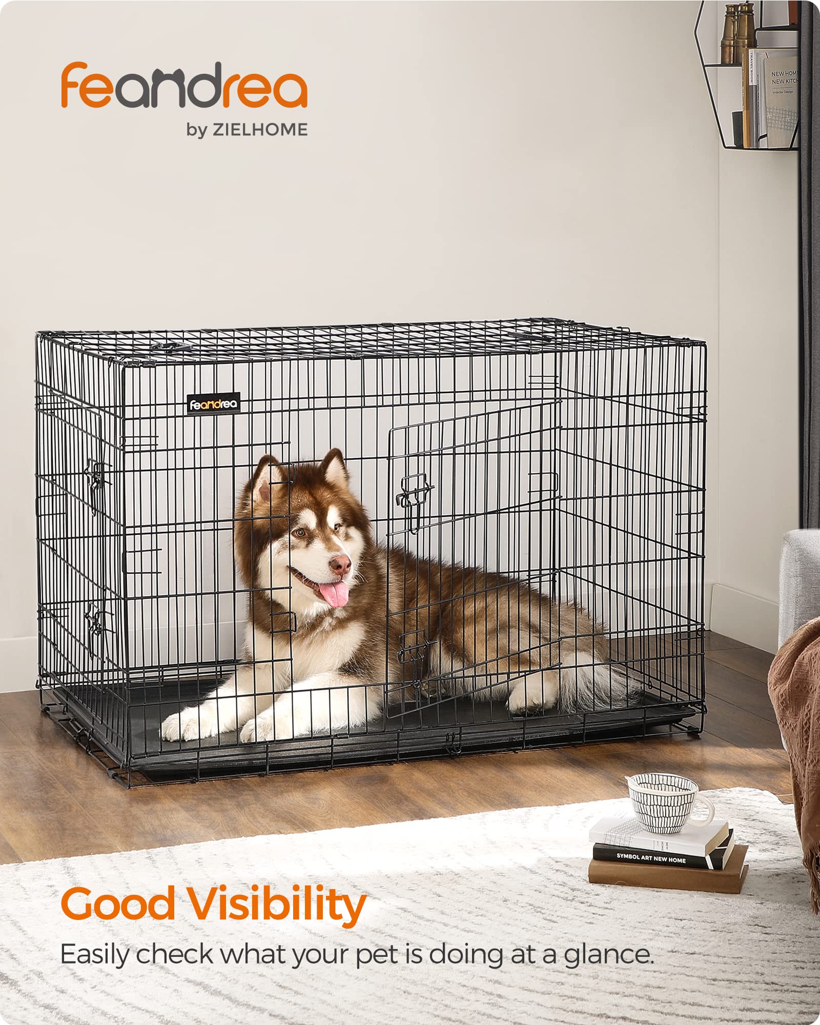 Feandrea Dog Crate, 48-Inch Foldable Dog Kennel with 2 Doors, Removable Tray, XXL, Black UPPD48H Feandrea