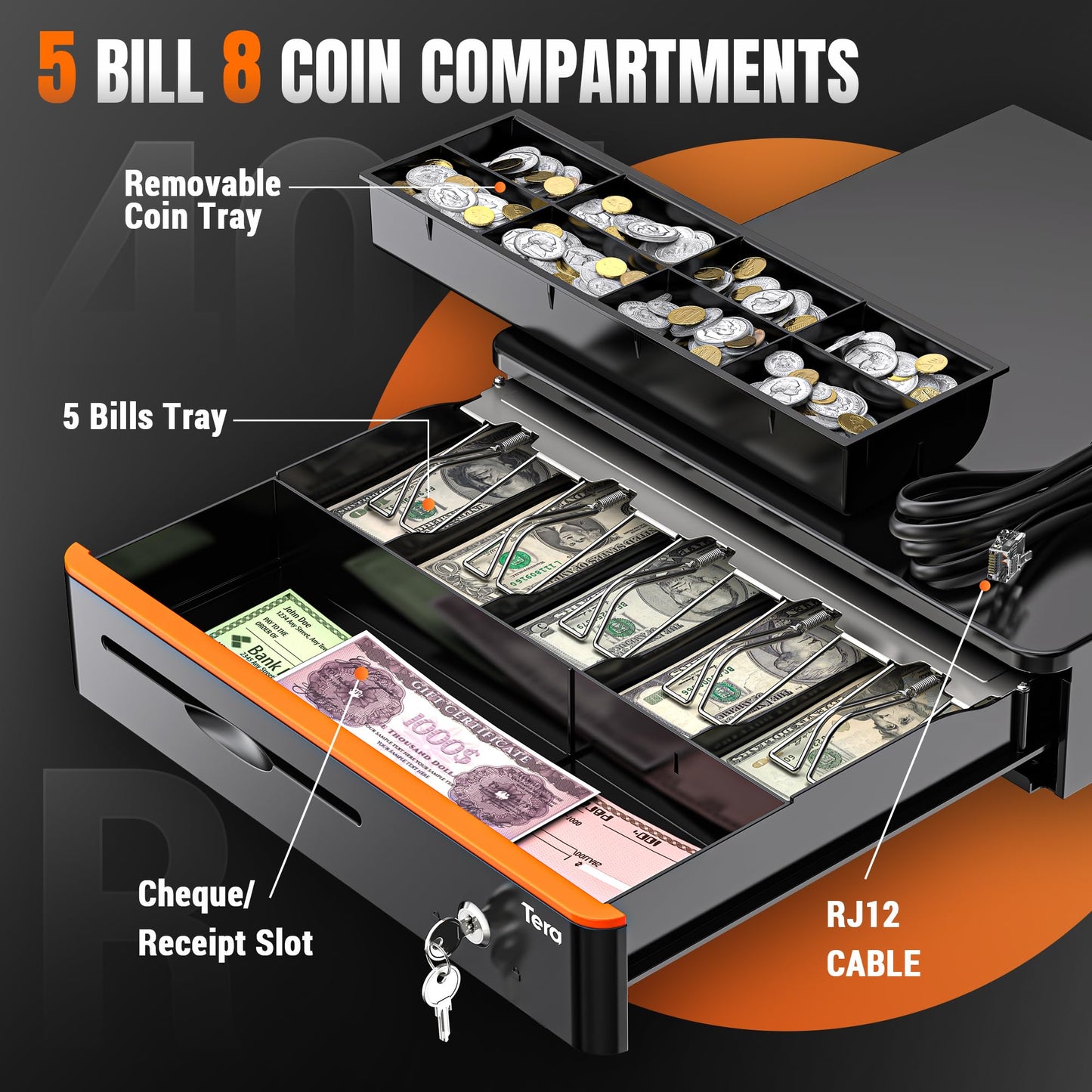 Tera 16" Auto Open Cash Register Drawer Insert Tray 5 Bill 8 Coin for Point of Sale (POS) System with Removable Cash Tray Media Slot 24V RJ12 Key-Lock (Round Corner) for Small Businesses Retail 405R Tera