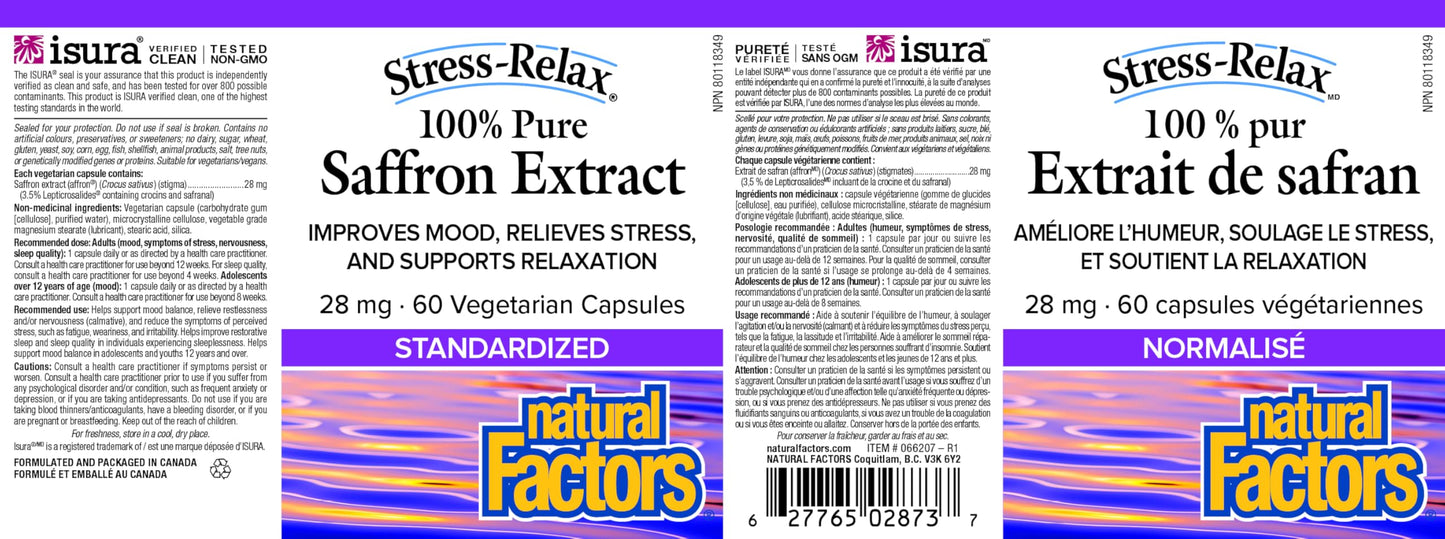 Natural Factors Stress-Relax Saffron Extract 28 mg, 60 DAY SUPPLY, 100% Pure, 60 Veg Caps, Improves Mood, Relieves Stress & Supports Relaxation, Proudly Canadian - Available at All In One Marketplace Canada