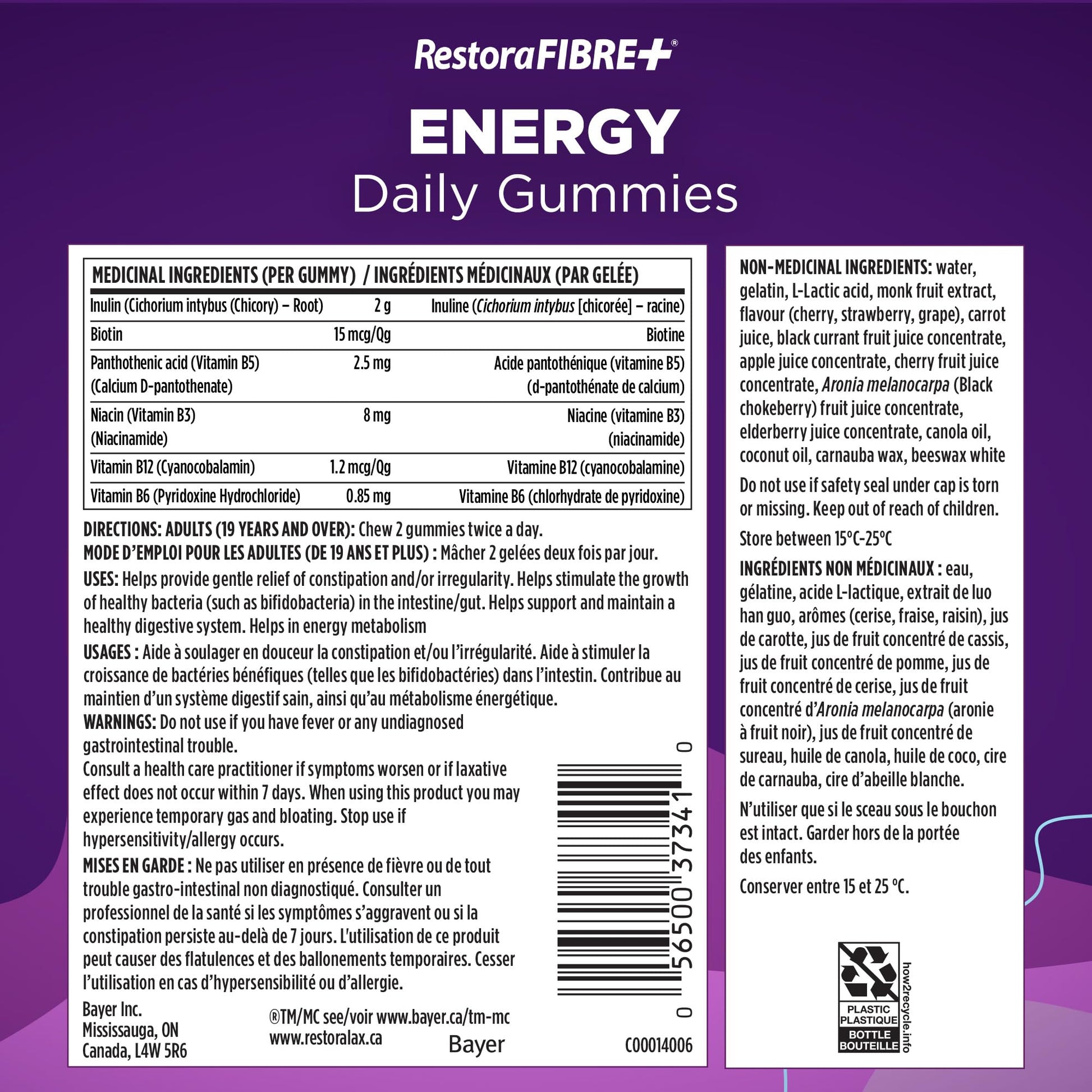 RestoraFIBRE+ Energy Daily Prebiotic Fibre Supplement Gummies for Adults, Promotes Regularity and A Healthy Digestive System and Supports Energy Metabolism, Packed with B Vitamins, 115 Count - Available at All In One Marketplace Canada