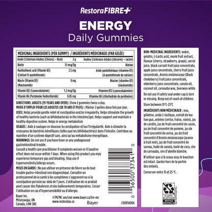 RestoraFIBRE+ Energy Daily Prebiotic Fibre Supplement Gummies for Adults, Promotes Regularity and A Healthy Digestive System and Supports Energy Metabolism, Packed with B Vitamins, 115 Count - Available at All In One Marketplace Canada