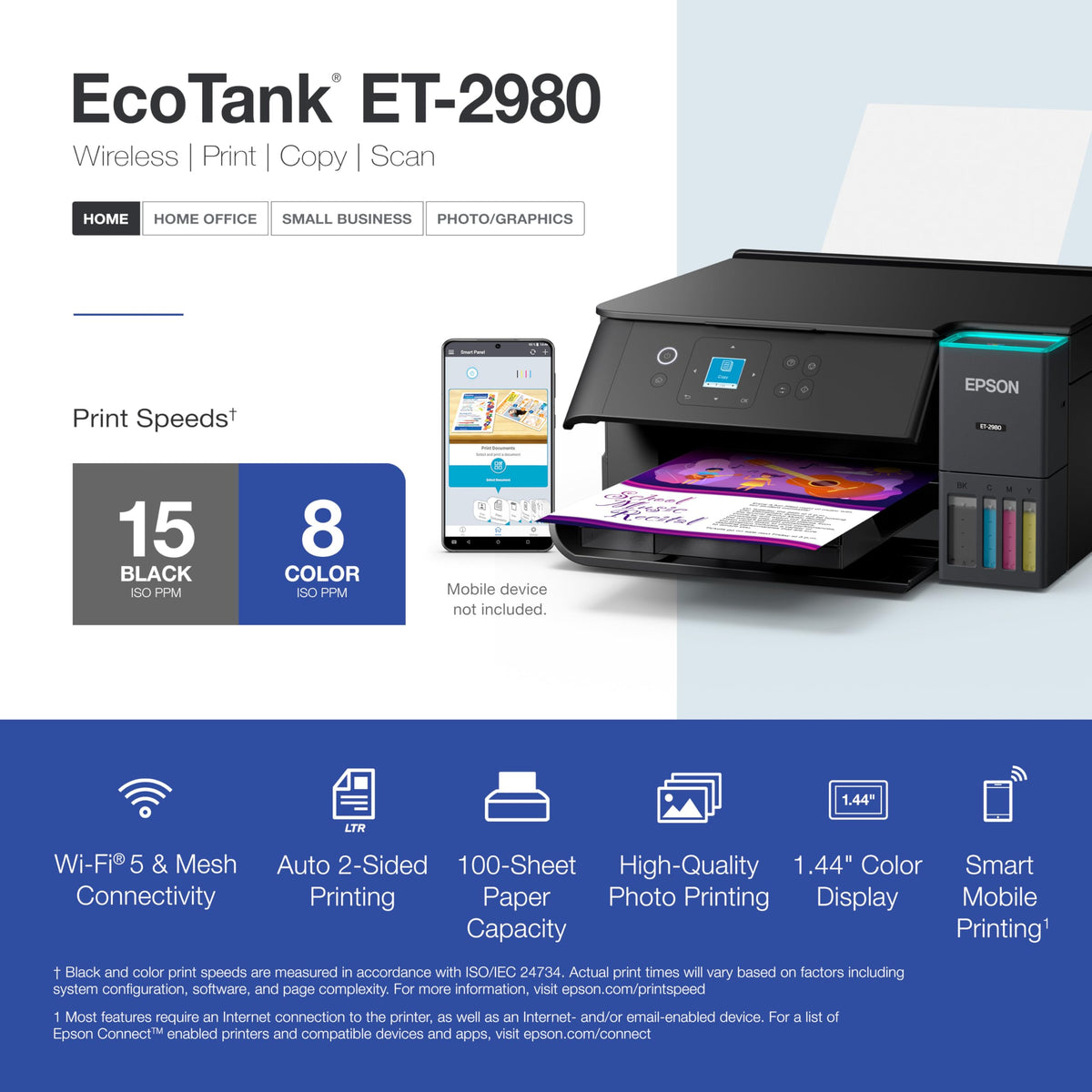 Epson EcoTank ET-2980 Wireless Color All-in-One Supertank Printer - Black