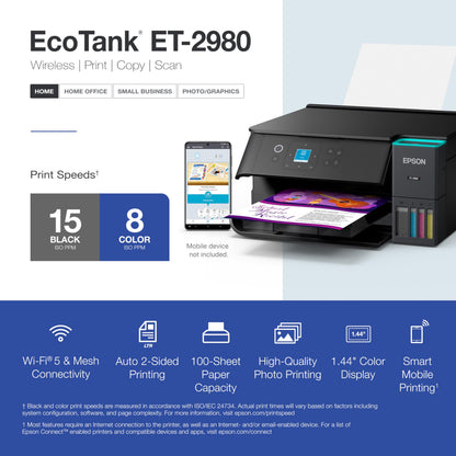 Epson EcoTank ET-2980 Wireless Color All-in-One Supertank Printer - Black