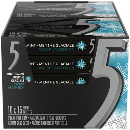 5 GUM, Wintermint-Ascent Flavoured Sugar Free Chewing Gum, 15 Sticks, 10 Packs - Available at All In One Marketplace Canada