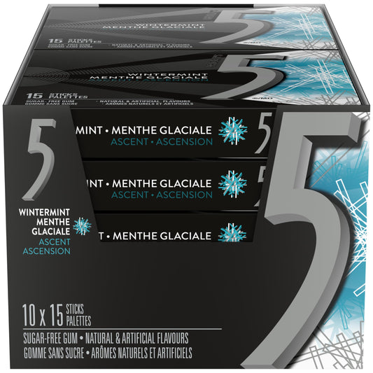 5 GUM, Wintermint-Ascent Flavoured Sugar Free Chewing Gum, 15 Sticks, 10 Packs - Available at All In One Marketplace Canada