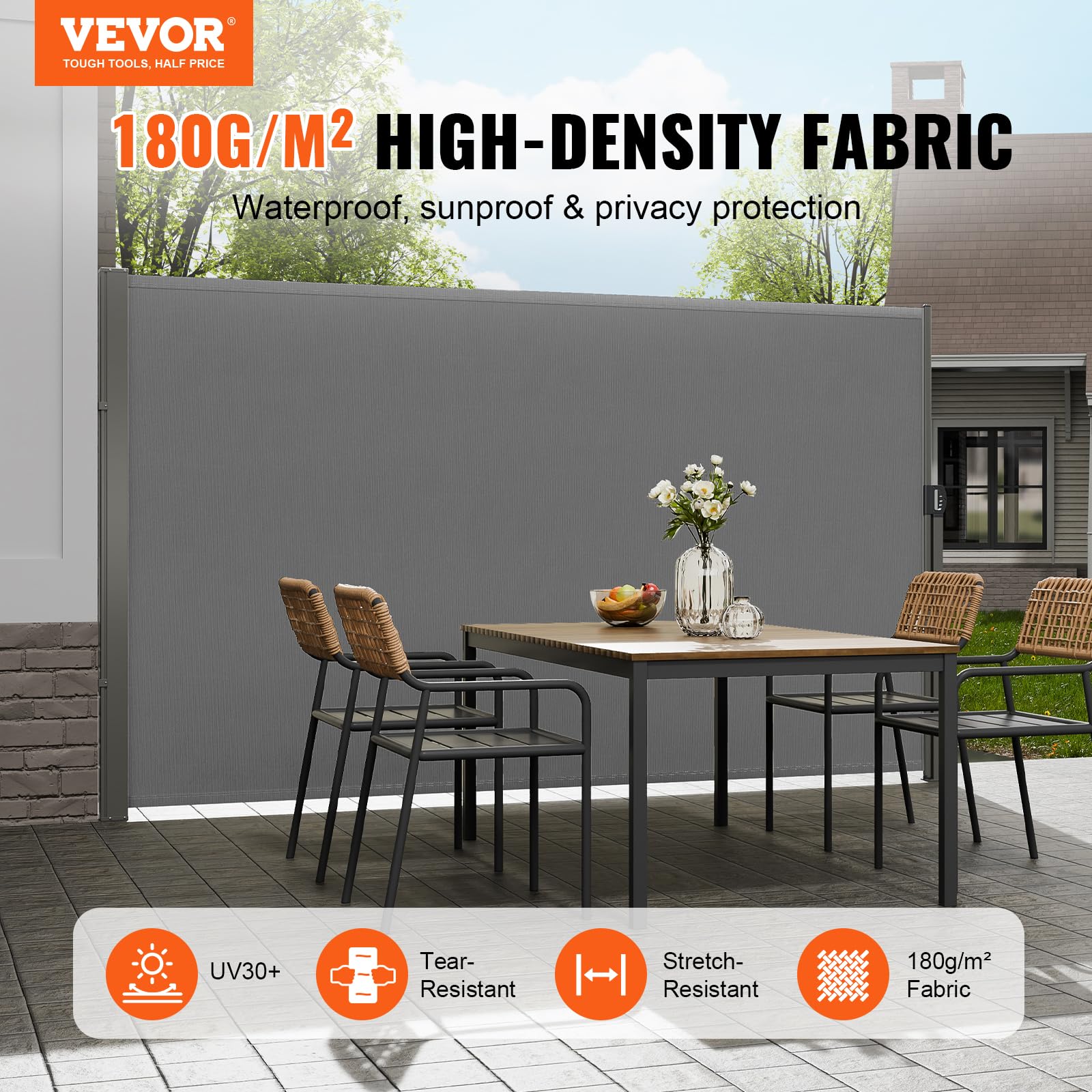 VEVOR Retractable Side Awning, 71''x 138'' Outdoor Privacy Screen, 180g Polyester Water-Proof Retractable Patio Screen, UV 30+ Room Divider Wind Screen for Patio, Backyard, Balcony, Gray VEVOR