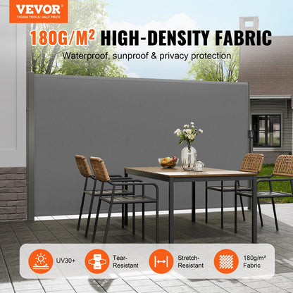 VEVOR Retractable Side Awning, 71''x 138'' Outdoor Privacy Screen, 180g Polyester Water-Proof Retractable Patio Screen, UV 30+ Room Divider Wind Screen for Patio, Backyard, Balcony, Gray VEVOR