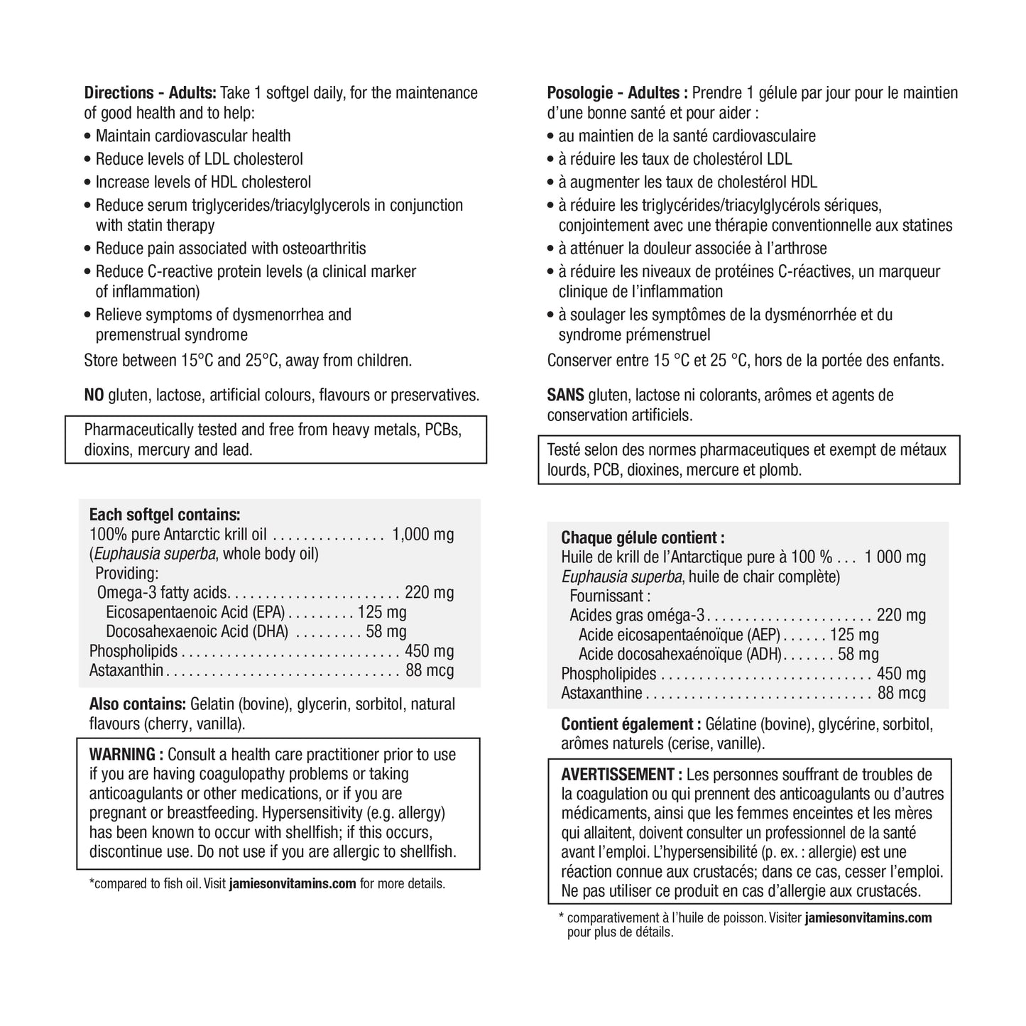 Jamieson Omega Complete Pure Krill Oil, 1000 mg, 30 Softgels, No Fishy Aftertaste, Supports Heart Health, High Potency, Provides Superior Absorption. With Antarctic Krill Oil, Proudly Canadian Jamieson
