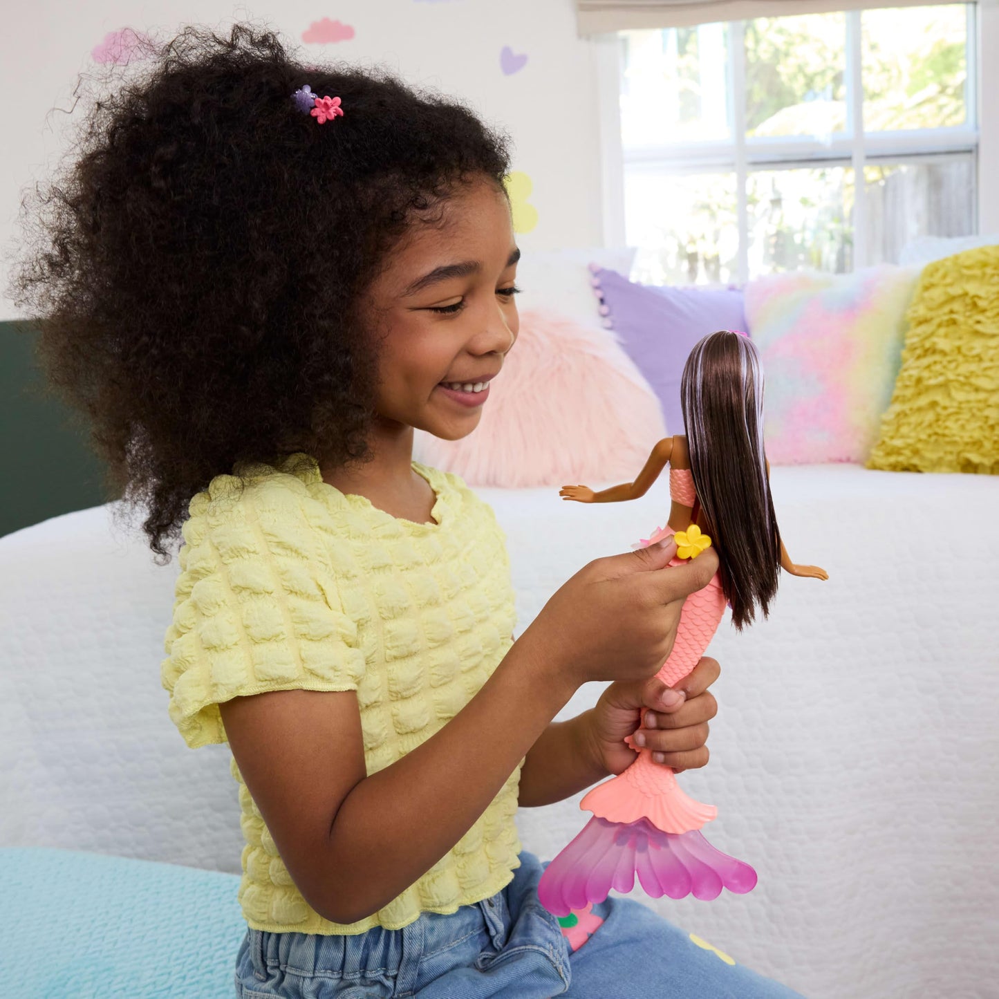 Barbie Mermaid Toy Dolls with Surprise Magic Blooming Flowers Feature, Ombre Tails, Pearl Headband Accessory & Long Brown Hair with Purple Highlights Barbie
