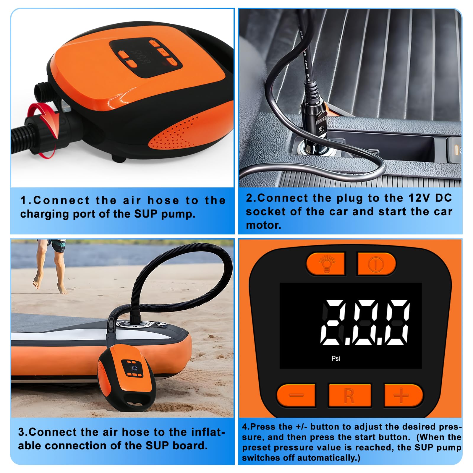 Paddle Board Pump, SUP Electric Air Pump, Portable 20 PSI Air Compressor, Auto-Off Inflation & Deflation Function with 12V DC Car Cigarette Lighter for Paddle Board,Inflatable Sups, Kayaks and Boats