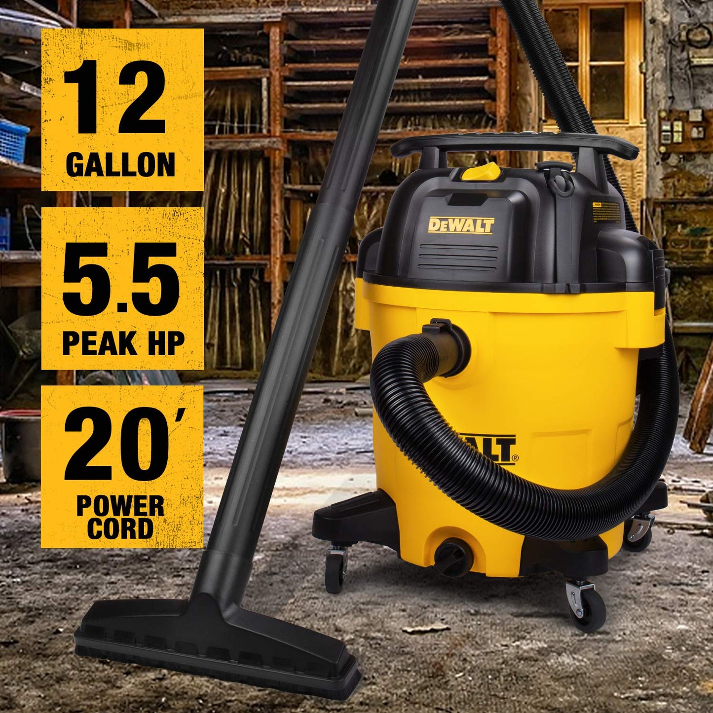 DEWALT 12 Gallon Poly Wet/Dry Vac, 5.5 HP Shop Vacuum Wet Vacuum Cleaner for Workshop, Jobsite, Commericial Area, Large Pick-Up Capacity, Yellow,DXV12P 🍁 All In One Marketplace Canada