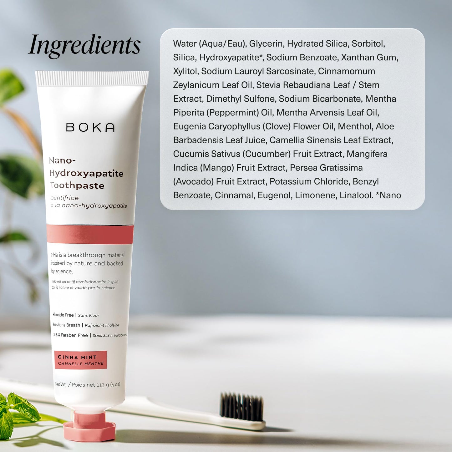 Boka Fluoride Free Toothpaste, Nano Hydroxyapatite Toothpaste, Appropriate for Sensitive Teeth - for Adult Oral Care - Cinnamon Mint Flavor, 4 Fl Oz (113g) 1Pk