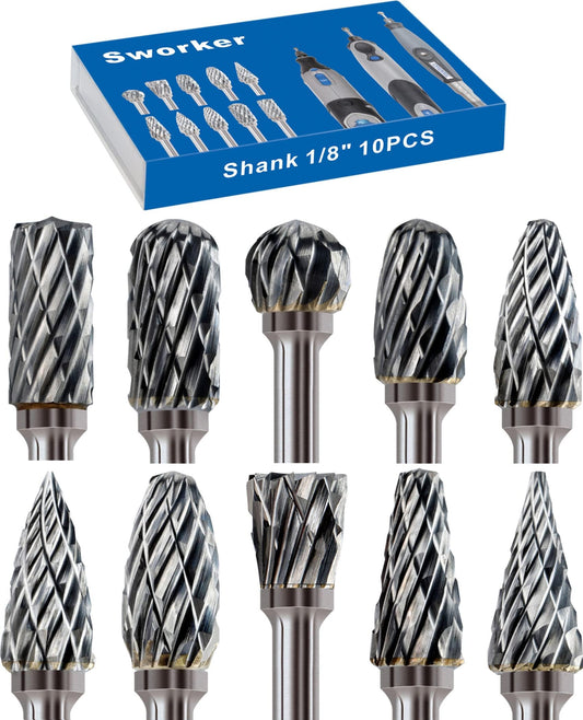 Sworker 10Pcs 1/8" Shank Carbide Burrs Set Bits Compatible with Dremel Metal Grinding Wood Stone Carving Cutting Engraving Grinder Kit Attachment Rotary Tool Accessories - Available at All In One Marketplace Canada