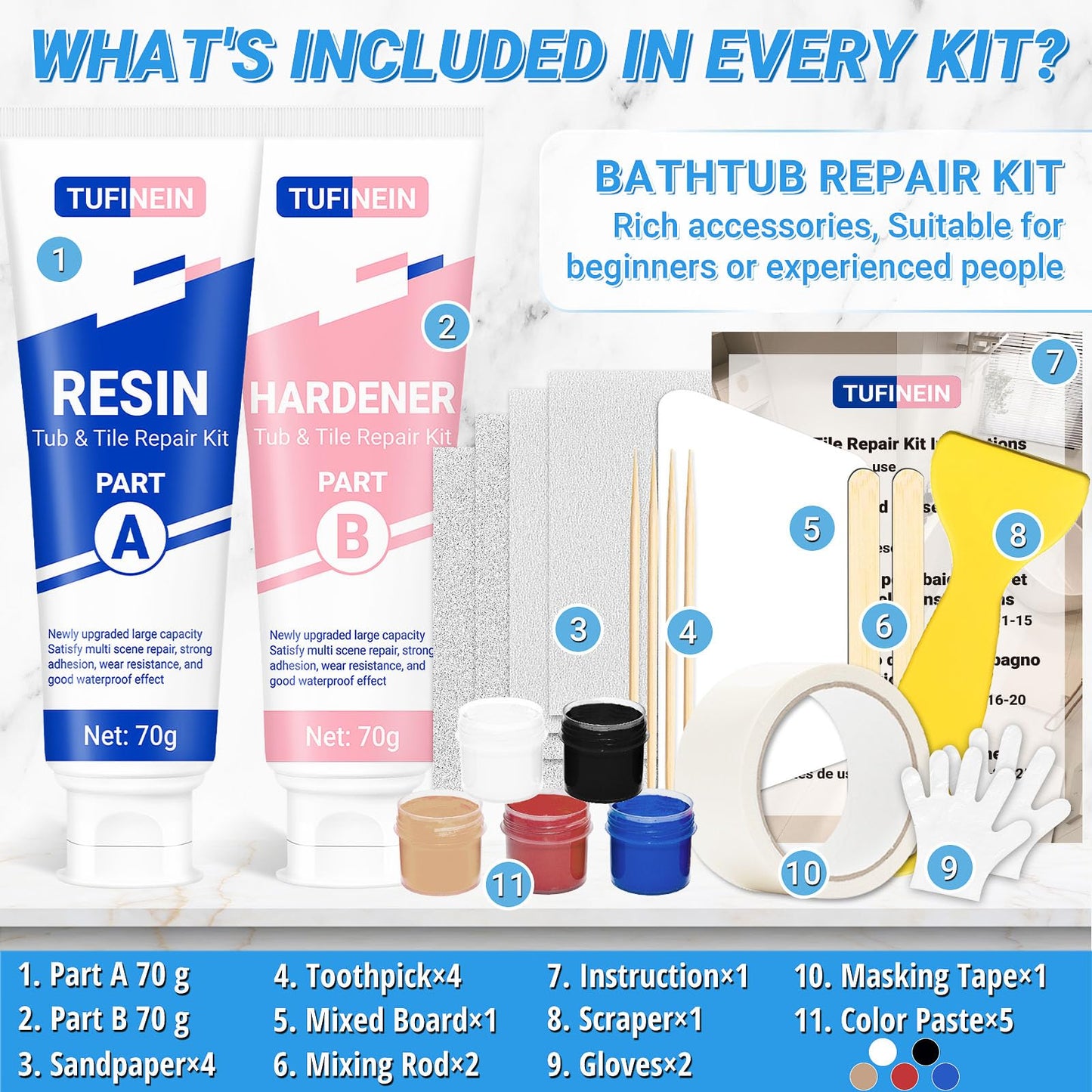 Bathtub Repair Kit 140g (Color Match), TUFINEIN Porcelain Repair Kit for Fiberglass, Enamel, Ceramic, Acrylic Repair and Fix Chips, Cracks, Scratches, Holes on Tub/Tile/Sink/Shower Tray/Shower - Available at All In One Marketplace Canada