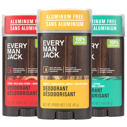 Every Man Jack Men's Deodorant Variety Set - Three Full-Sized Deodorant Sticks with Clean Ingredients & Incredible Scents - Cedar + Red Sage, Amber + Sandalwood, Sea Mineral + Citron - 85g (3 Pack) - Available at All In One Marketplace Canada