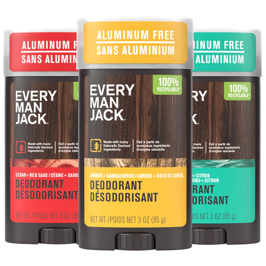 Every Man Jack Men's Deodorant Variety Set - Three Full-Sized Deodorant Sticks with Clean Ingredients & Incredible Scents - Cedar + Red Sage, Amber + Sandalwood, Sea Mineral + Citron - 85g (3 Pack) - Available at All In One Marketplace Canada