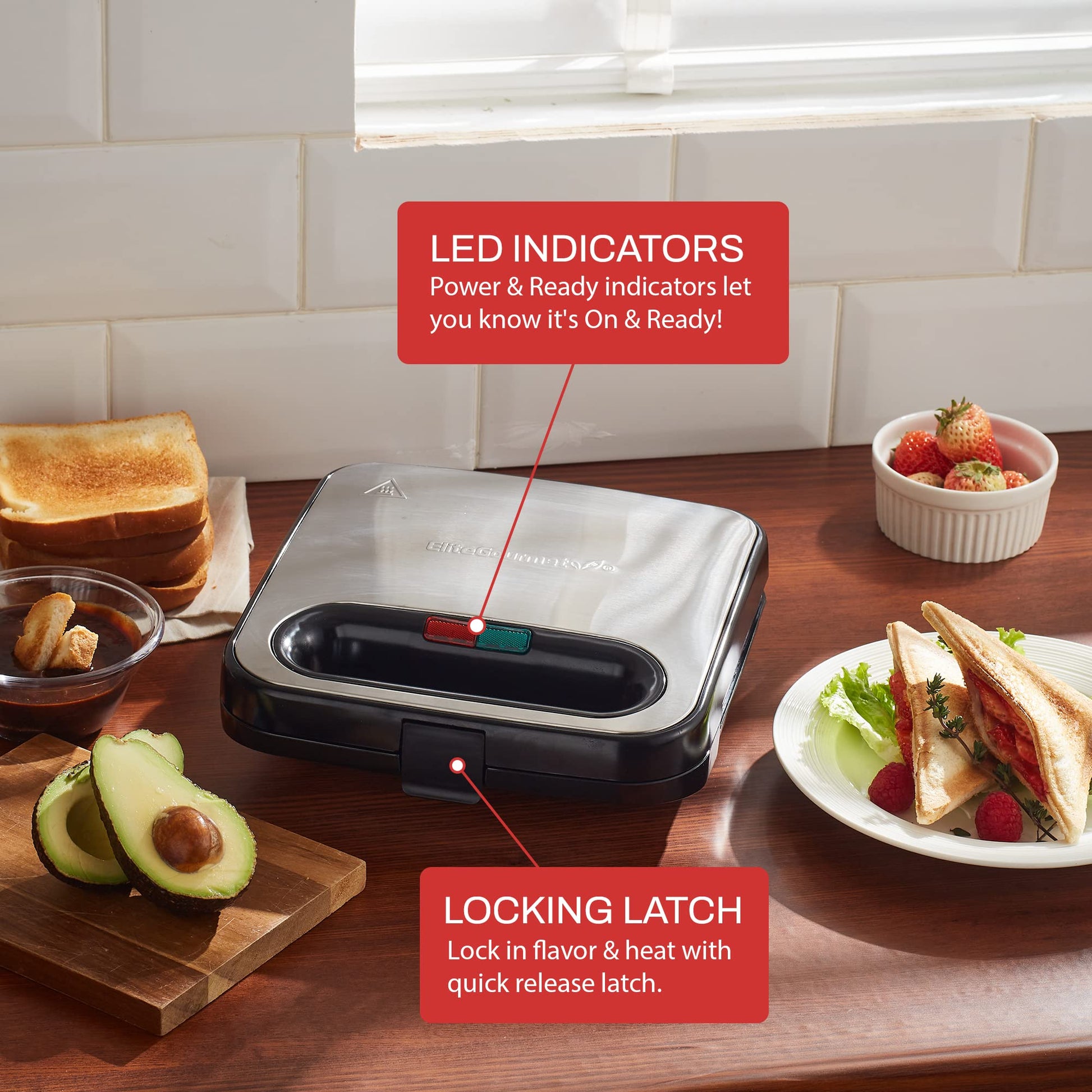 Elite Gourmet ESM-2207SS# Stainless Steel Sandwich Panini Maker Grilled Cheese Machine Tuna Melt Omelets Non-stick Cooking Surface, 2 Slice, 750 Watts, Stainless Steel Elite Gourmet