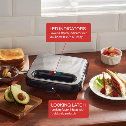 Elite Gourmet ESM-2207SS# Stainless Steel Sandwich Panini Maker Grilled Cheese Machine Tuna Melt Omelets Non-stick Cooking Surface, 2 Slice, 750 Watts, Stainless Steel Elite Gourmet
