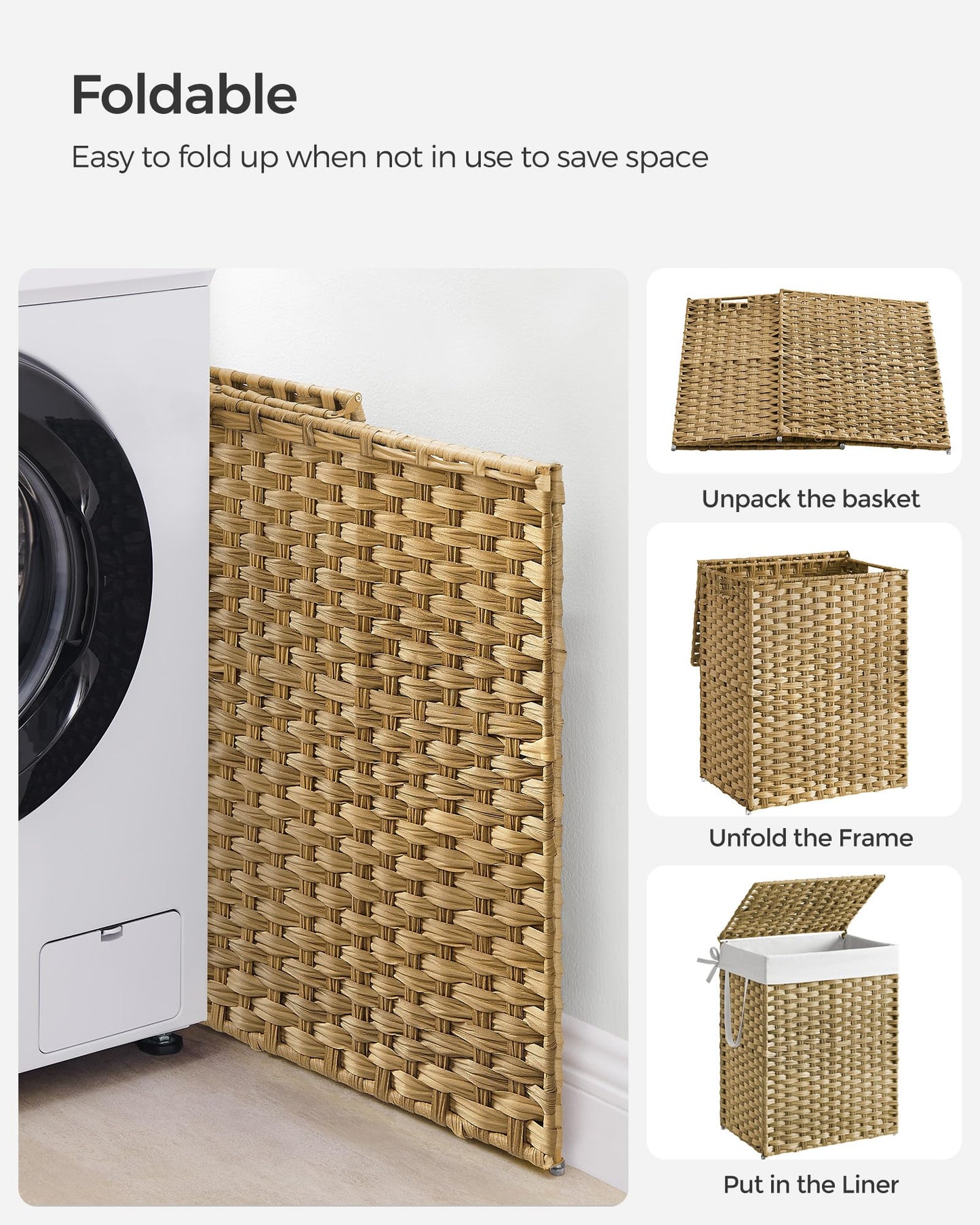 SONGMICS Laundry Hamper with Lid, 23.8 Gallon (90 L) Synthetic Rattan Clothes Laundry Basket with Lid and Handles, Foldable, Removable Liner, Natural ULCB051N01V1 SONGMICS