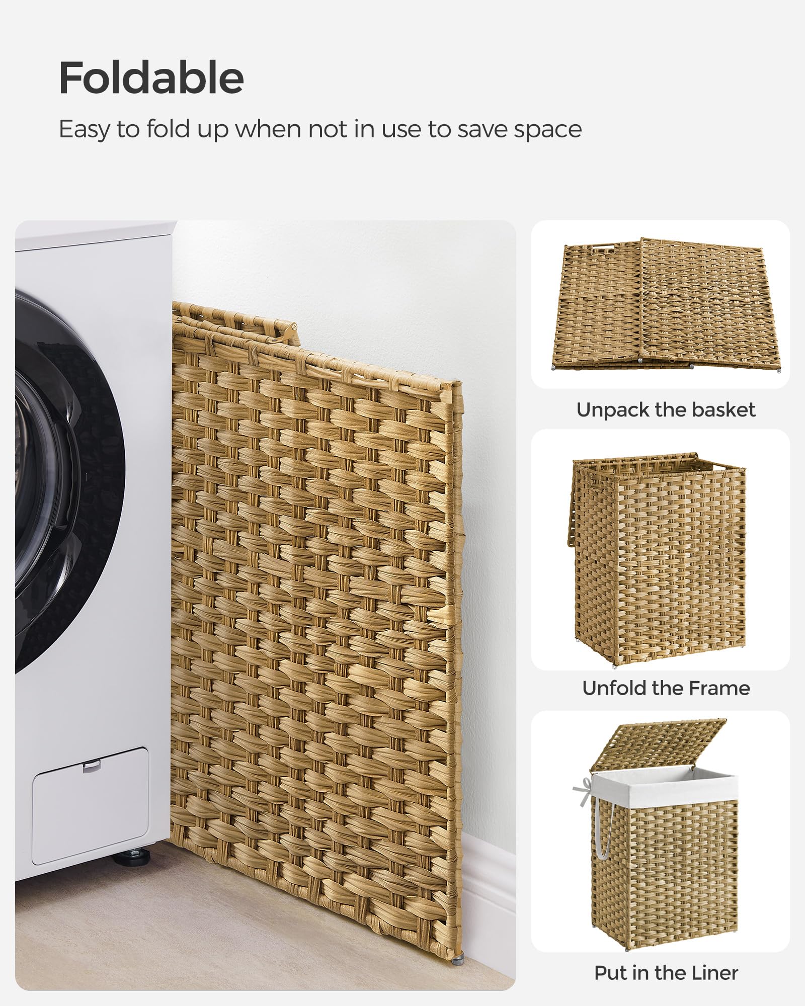 SONGMICS Laundry Hamper with Lid, 23.8 Gallon (90 L) Synthetic Rattan Clothes Laundry Basket with Lid and Handles, Foldable, Removable Liner, Natural ULCB051N01V1 SONGMICS