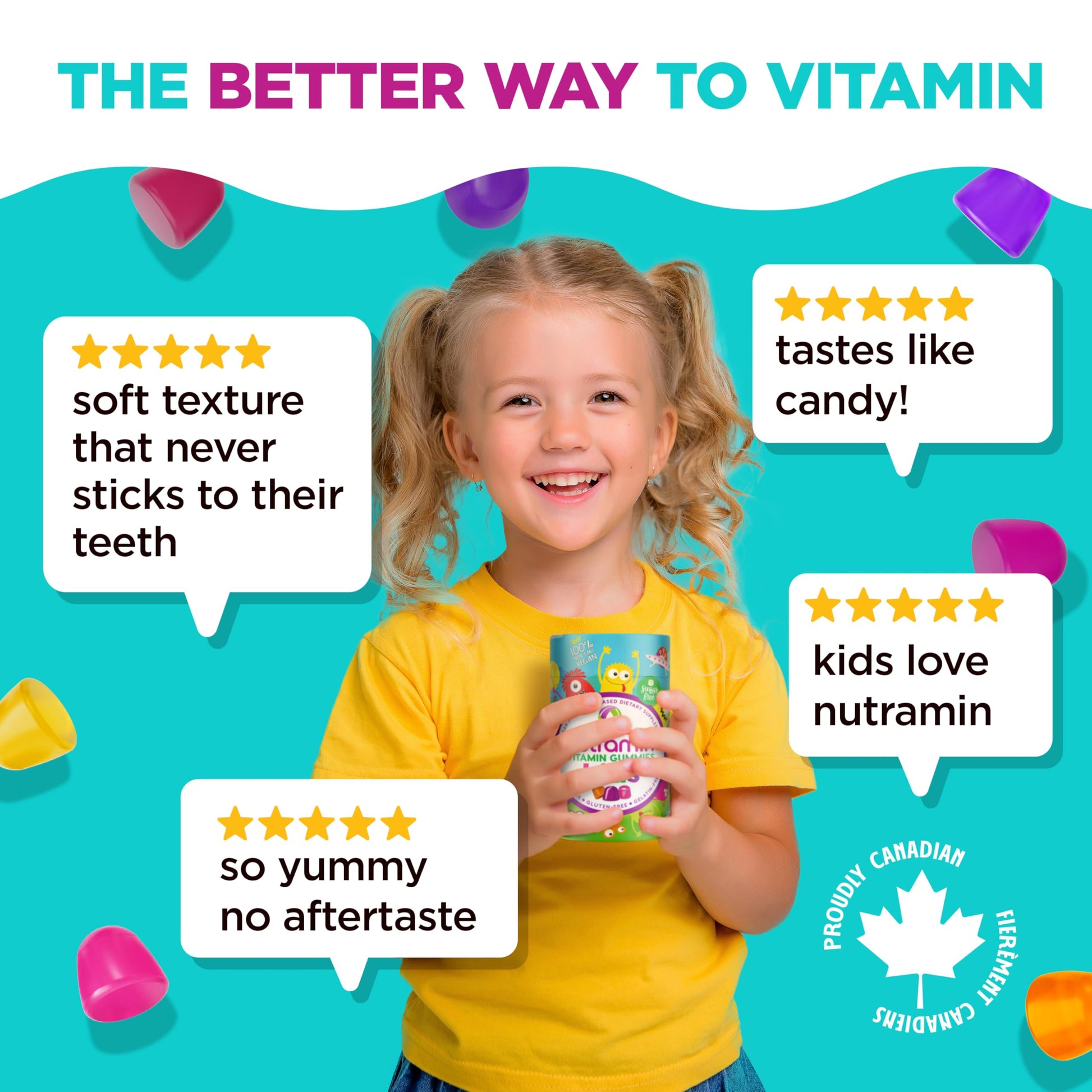 CANADIAN NUTRAMIN Children's Daily Vegan Multivitamin Gummies Vitamin C, D2 & Zinc for Immunity, Plant-Based, Sugar-Free, Nut-Free, Gluten-Free with Biotin, Vitamin A, B, B6, B12 +More 90 Ct (45 Day Supply) - Available at All In One Marketplace Canada