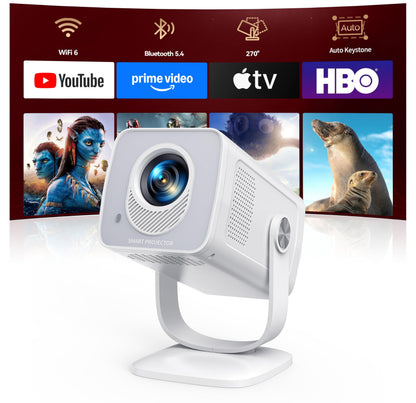 【Built-in Apps | Short Throw】Mini-Projector with WiFi6 and Two-Way Bluetooth5.4, 4K 1080P Support Portable-Projector, Auto Keystone 270° Rotation Outdoor Movie-Projecteur for Phone/HDMI/TV Stick,White