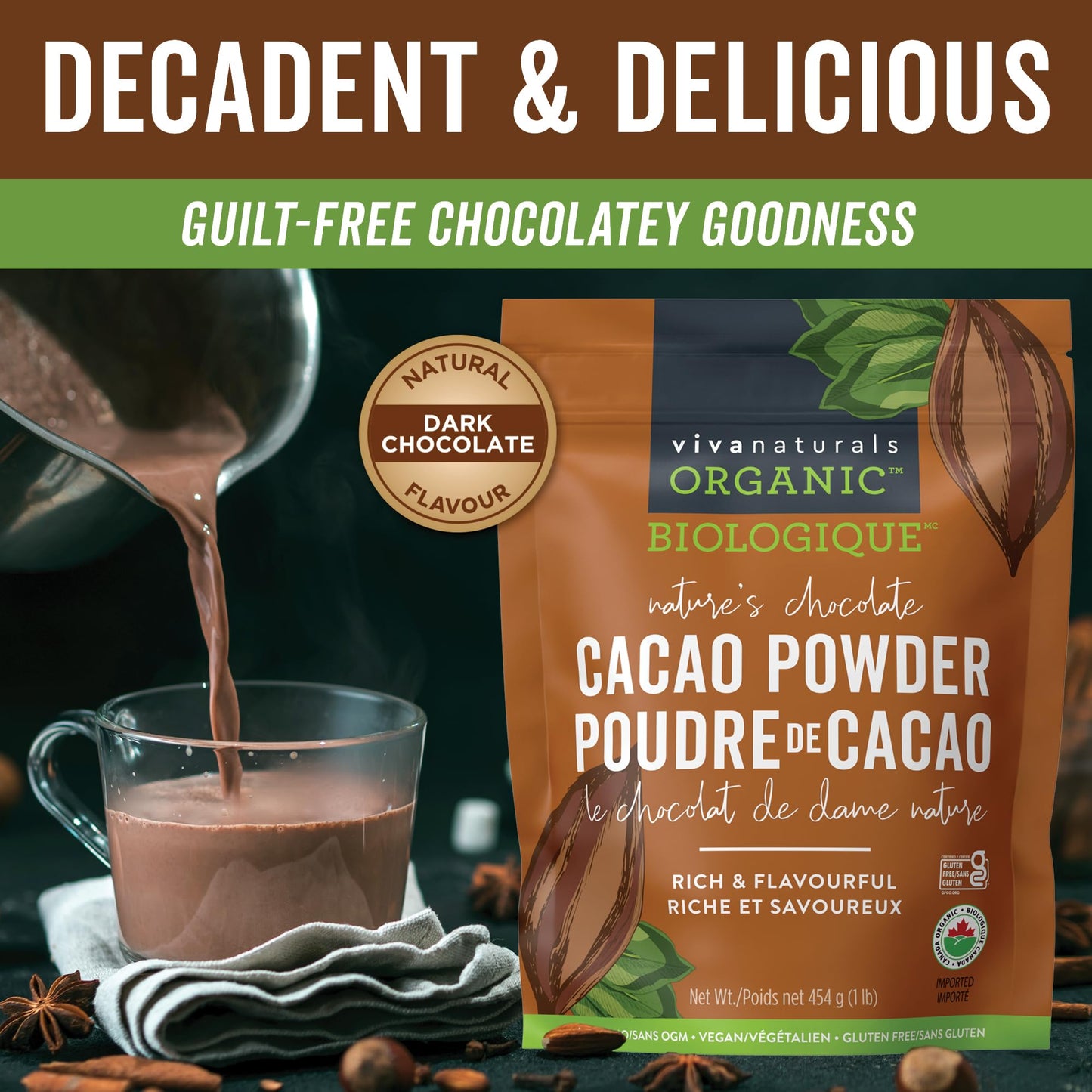 Viva Naturals Organic Non-GMO Cacao Powder, 1 Pound Bag