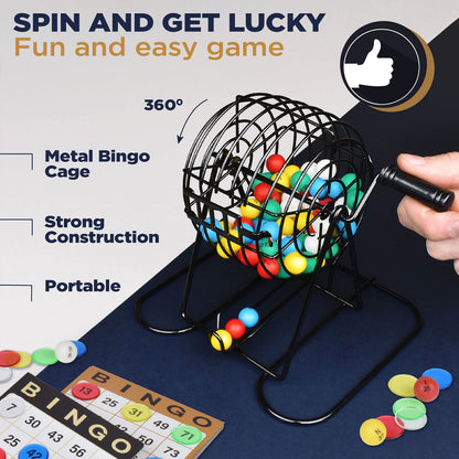 Queensell Bingo Game for Adults - Best Board Game With Metal Cage, Balls Set, and Cards - Family Game for Large Groups