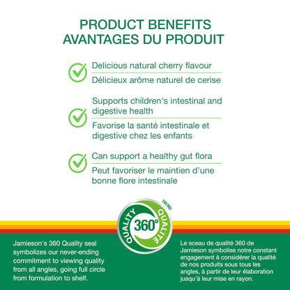 Jamieson Probiotic for Kids, 60 Chewable Tablets, 5 Billion CFU, Natural Cherry Flavour, Digestive and Intestinal Health. Non-GMO, No Artificial Colours, Flavours, or Preservatives, 60 Count - Available at All In One Marketplace Canada