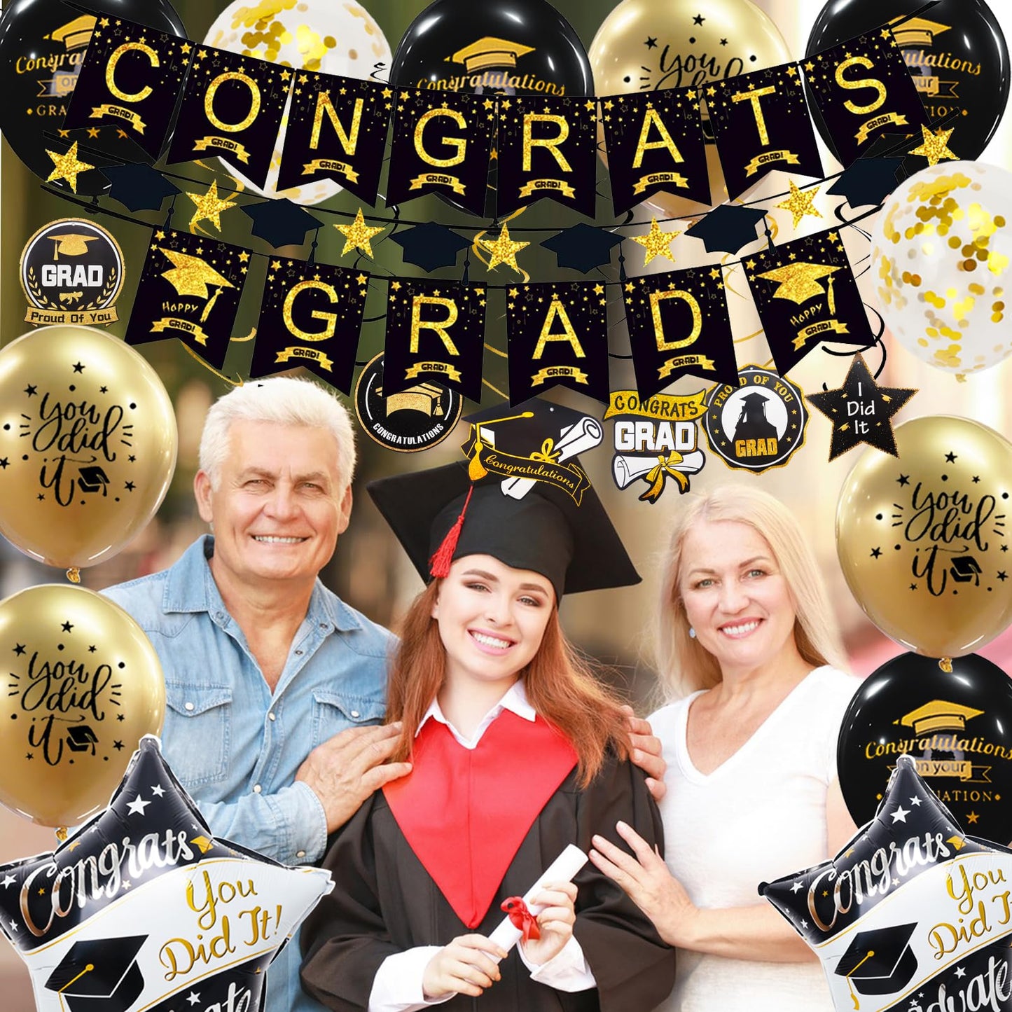 Graduation Decorations Class of 2026, 12Pcs Black and Gold balloons with Swirl and Graduation Garland Congrats Grad 2026 Banner for College High School Party Supplies - Available at All In One Marketplace Canada