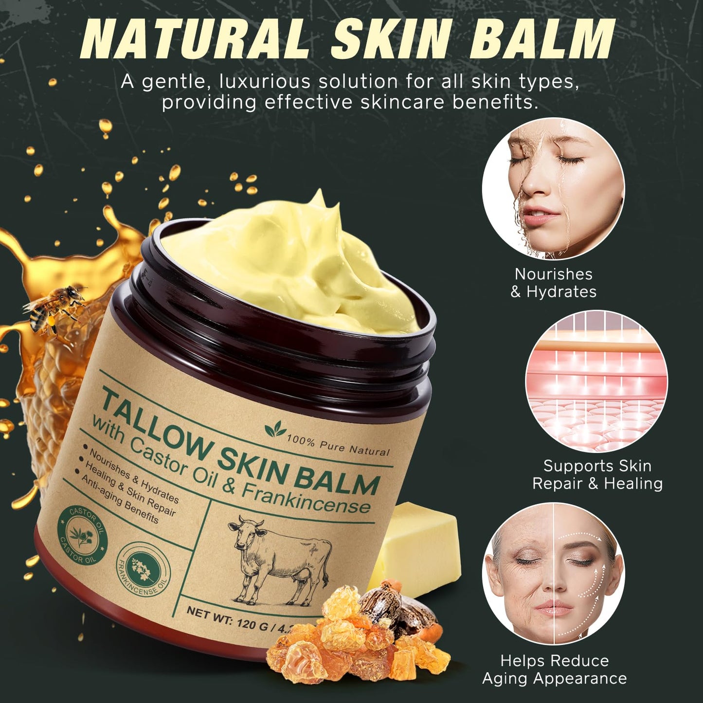 Beef Tallow Skin Care with Castor Oi & Frankincenses, Grass Fed Whipped Tallow Honey Balm for Face & Body, Natural Moisturizer Hydrates, Deeply Nourishes, Enhances Natural Radiance 120g - Available at All In One Marketplace Canada