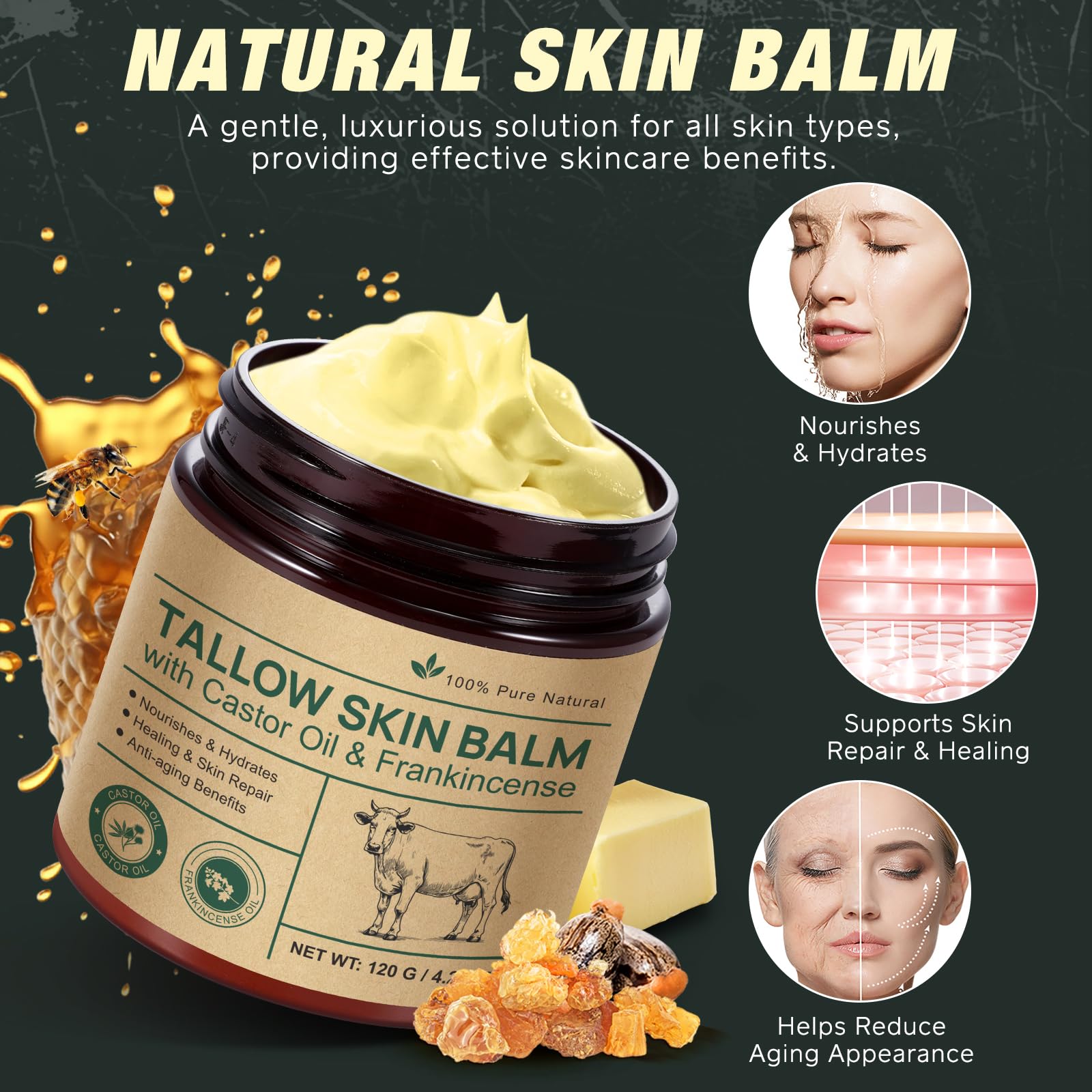 Beef Tallow Skin Care with Castor Oi & Frankincenses, Grass Fed Whipped Tallow Honey Balm for Face & Body, Natural Moisturizer Hydrates, Deeply Nourishes, Enhances Natural Radiance 120g - Available at All In One Marketplace Canada